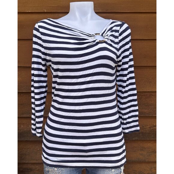 Michael Kors Blue Striped Sailing Style Top Gold Keyhole Detail Shirt Size L - Picture 1 of 10
